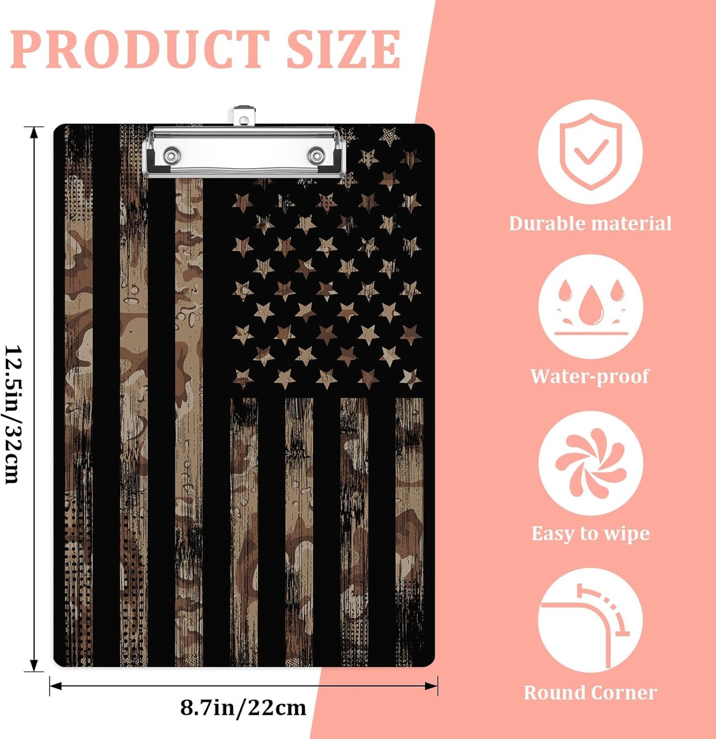 Camouflage Flag Plastic Clipboards,Cute Fashion Clipboard Decorative 8.5" x 12.5"Standard A4 Size Clipboards,Acrylic Clipboard for Teacher,Social Worker,Students,Nurse,Office Supplies
