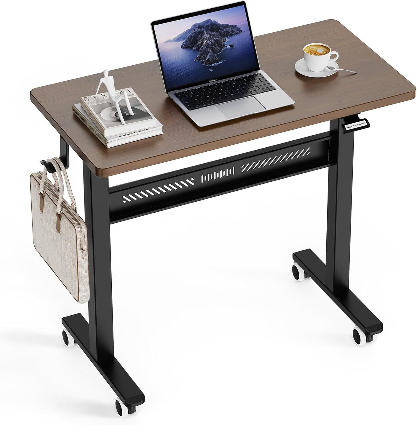 Mobile Standing Desk with Wheel, Pneumatic Height Adjustable Standing Desk for Walking Pad, Rolling Computer Workstation with 28.3"–42.5" Height, 31.5" x 15.7" Desktop for Home Office (Mahogany)