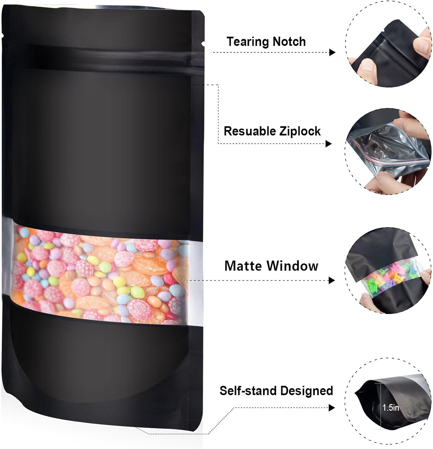 5.9"x8.6" 120pcs Mylar Bags for Food Storage,Smell Proof Bag with Matte Window Resealable Food Storage Bags for Small Business, Stand-up Foil Pouch Packaging Freeze Dried Candy Bag（Black）