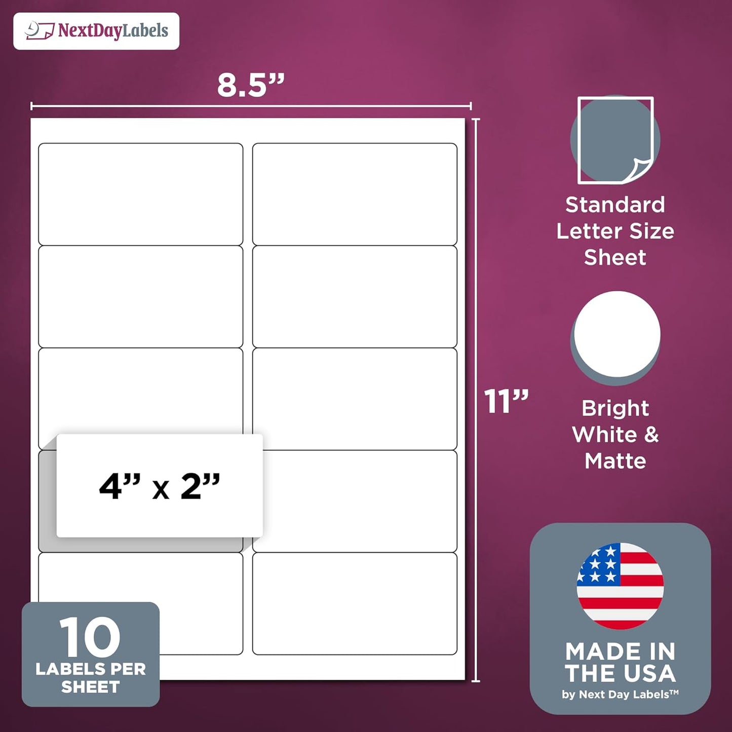 NextDayLabels – 4” x 2” Rectangular Sticker Labels for Printer - White Laser/Inkjet Printer Labels Return Address Labels Shipping Label Stickers (250 Sheets, 10 Per Sheet, 2500 Labels)