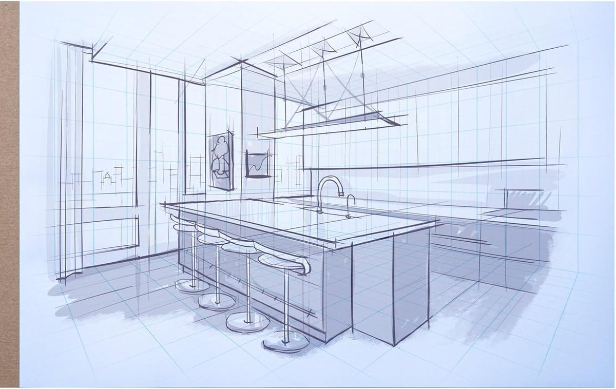Koala Tools - 40-Page Drawing Pad for 2-Point Perspective, Room Grid Sketch Pad with 3D Virtual Walls Design, Gridded Graph Paper for Interior Room Design, Industrial, Architectural 11 x 17 inches