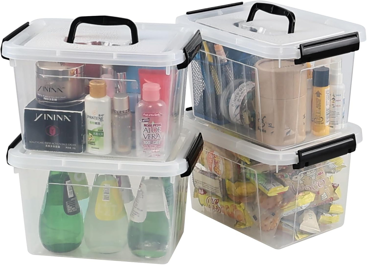 Wekioger 4 Pack 6 Quart Latching Box, Clear Lidded Storage Bins, Small Container with Handle