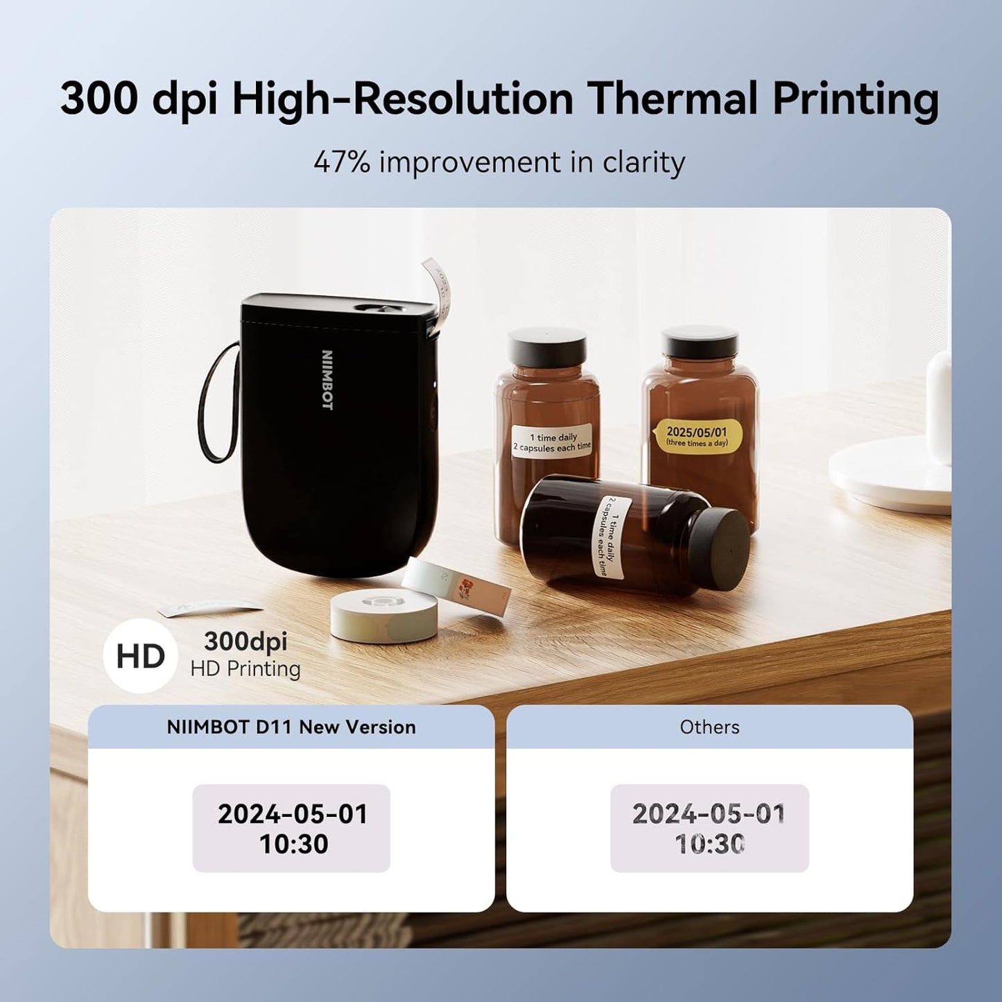NIIMBOT D11 New Version Label Maker Machine with Tape,300DPI Bluetooth Label Printer, Portable Thermal Printer,Sticker Maker for Organizing Home Office School，Full Black