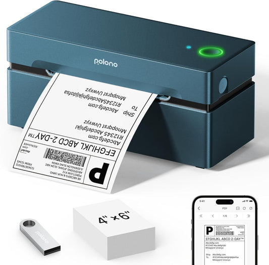 POLONO Bluetooth Thermal Shipping Label Printer, Wireless 4x6 Shipping Label Printer for Small Business, Support iOS, Android, Windows and Mac, Compatible with Amazon, Ebay, Shopify, 1 Pack (Blue)