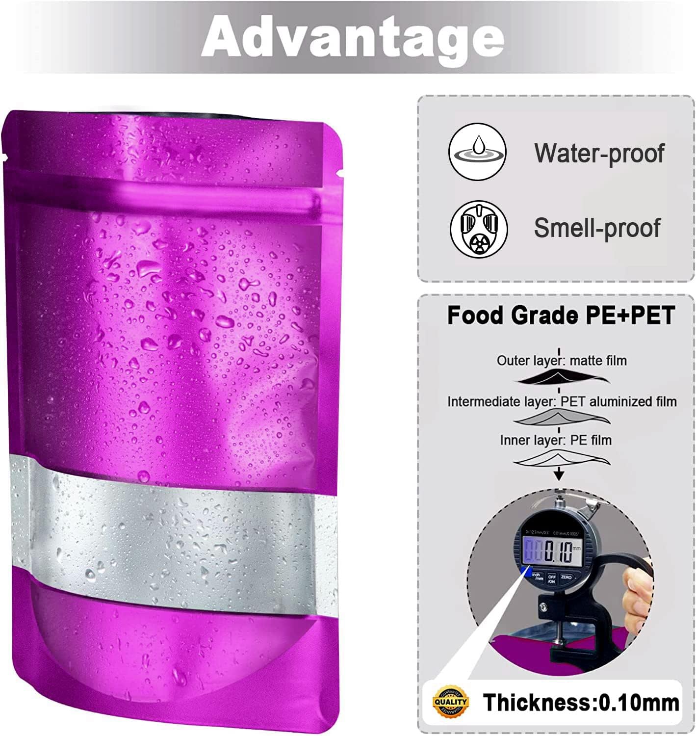 7.1"x10.2" 1 Quart 120pcs Mylar Bags for Food Storage,Smell Proof Bag with Matte Window Resealable Food Storage Bags for Small Business, Stand-up Foil Pouch Packaging Freeze Dried Candy Bag（Purple）