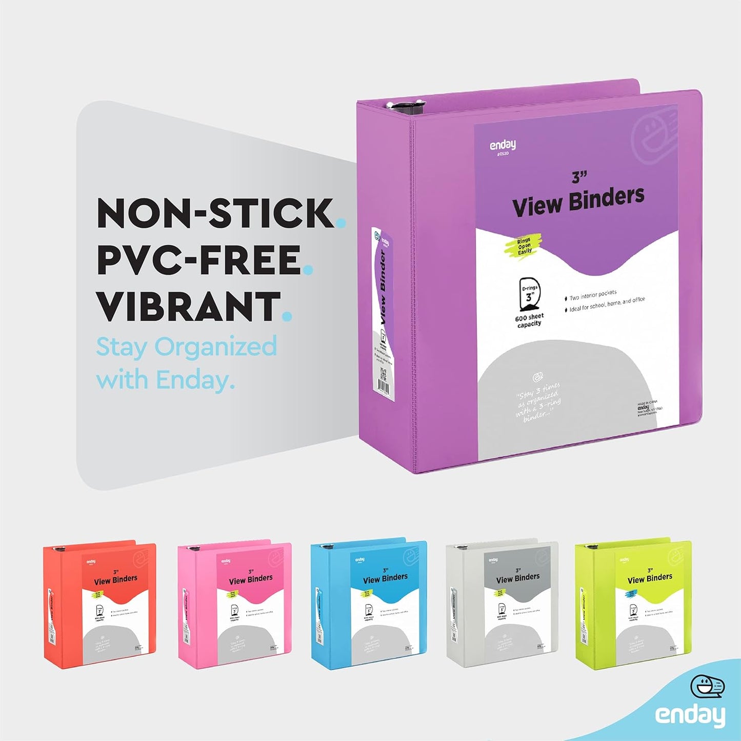 3 Slant D-Ring Binder 3 Inch Purple, 3 in Clear View Cover with 2 Inside Pockets Binder, Heavy Duty Colored School Supplies Binders,Also Available in Green, Grey, Red, Blue, Pink (6 PC) – by Enday