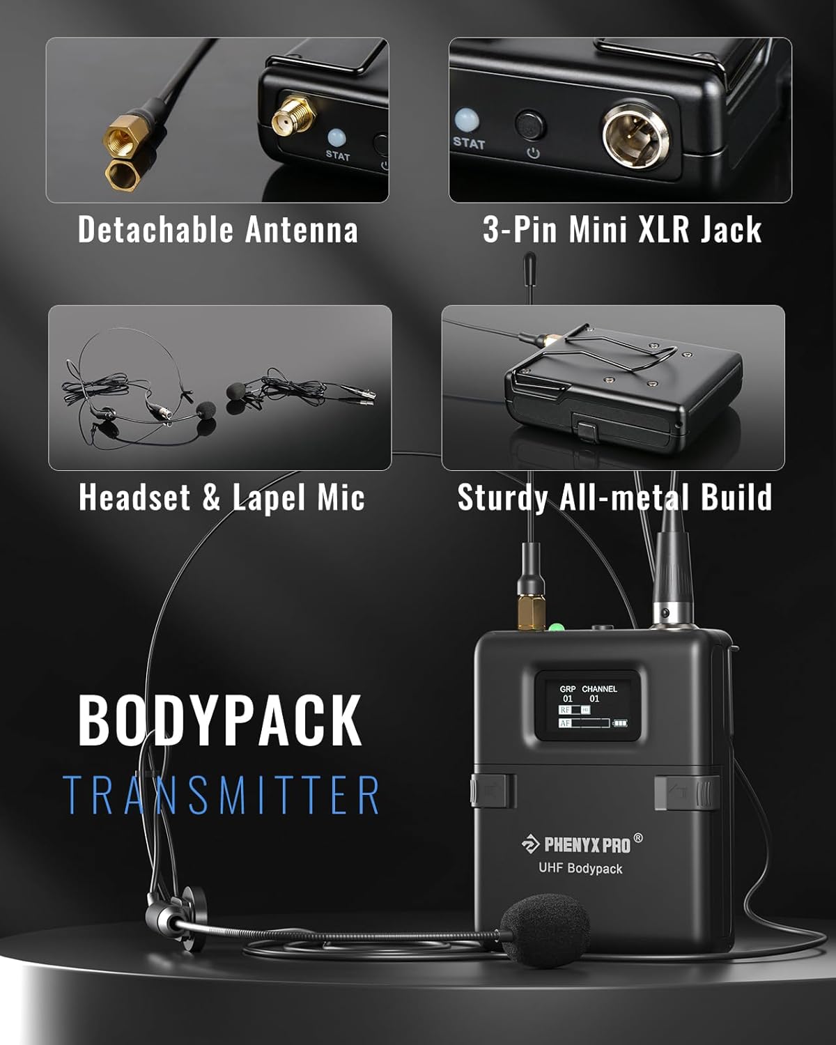 Phenyx Pro Wireless Microphone System, True Diversity Dual Cordless Microphone Set w/UHF Handheld/Bodypack/Headset/Lapel Mics, Auto Scan, 2x1000 Channels for Stage & Studio (PTU-2U-1H1B)