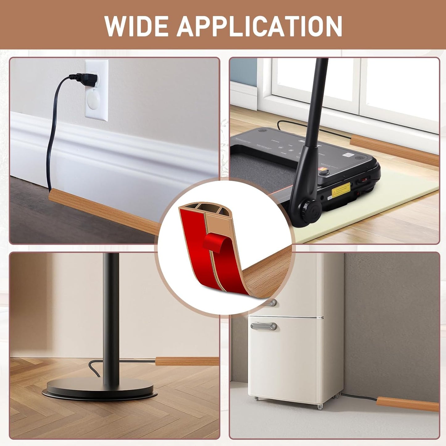 Floor Cord Cover Self Adhesive Cord Hider Floor Extension Cord Covers for Floor Power Cord Protector Cable Management Prevent Cable Trips Cable Cavity 0.59" W x 0.31" H (Light Brown Wood, 10Ft)