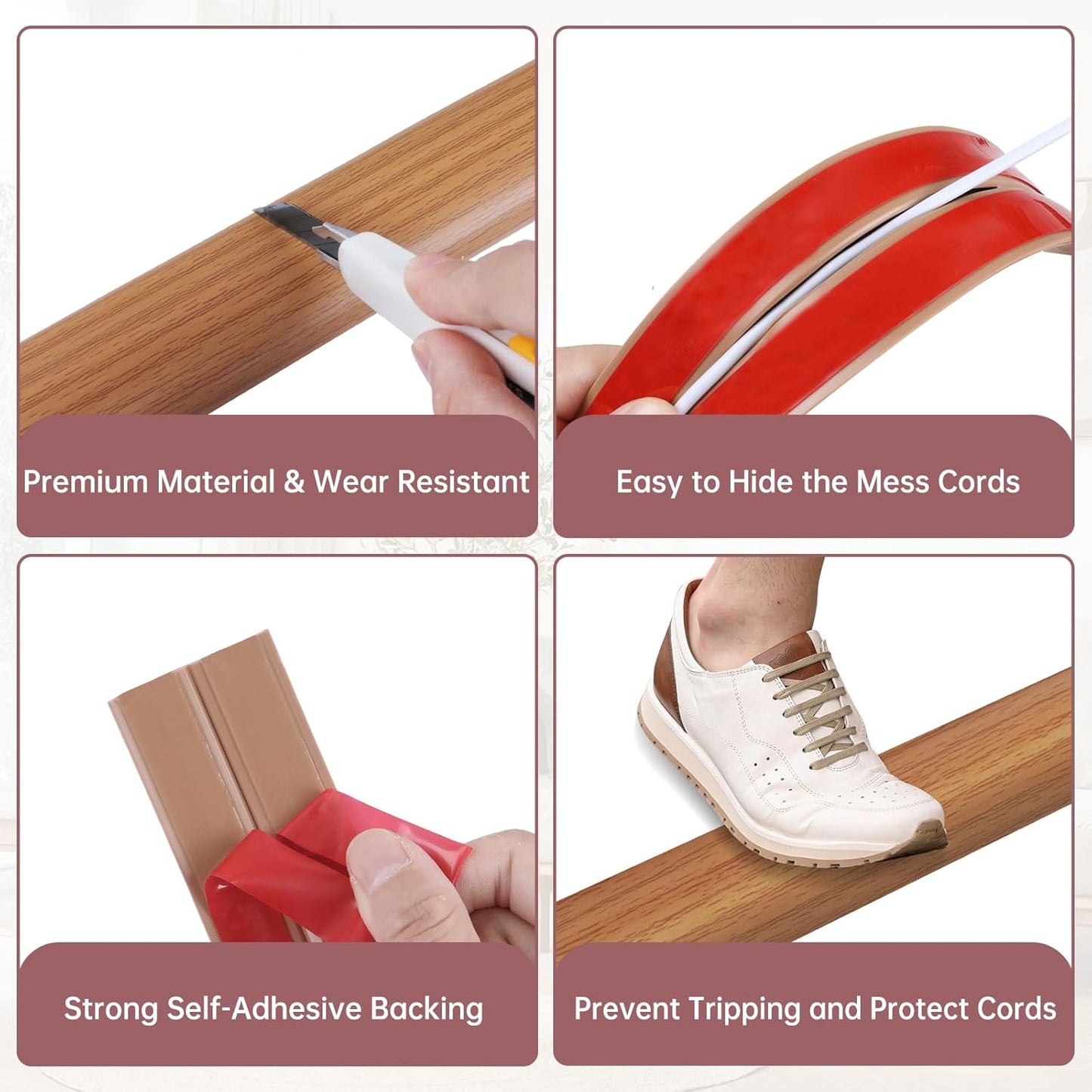 Floor Cord Cover Self Adhesive Cord Hider Floor Extension Cord Covers for Floor Power Cord Protector Cable Management Prevent Cable Trips Cable Cavity 0.51" W x 0.31" H (Light Brown Wood, 10Ft)