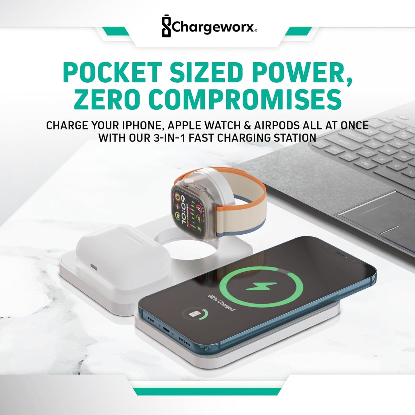 CHARGEWORX 3-in-1 Wireless Charger, Foldable Magnetic Charging Station with 15-Watt Fast Charging, Compatible with iPhone, Samsung, and Other Phones, Smartwatches, and Headphones, White