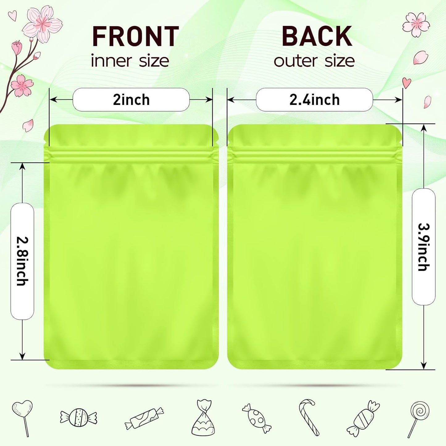 Funfery 100 Pack Green Mylar Packaging Bags Resealable Bags Double Sided Color Odor Proof Pouch Baggies Smell Proof Foil Bag for Food Storage,Small Business(Green,2.4x3.9inch)