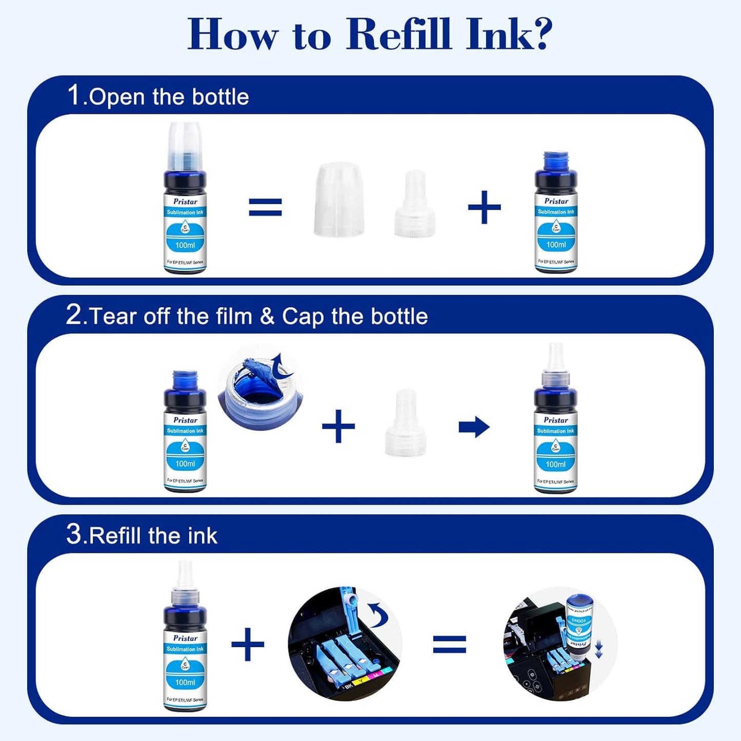 Pristar Sublimation Ink for EPS Ecotank ET 2803 ET-2800 ET-4800 ET-2850 2840 ET-2710 ET 2720 ET 2760 ET-15000 ET-3760 ET-2400 ET-2750 5170 400 ml Supertank Printer Autofill Ink for Sublimation Transfe