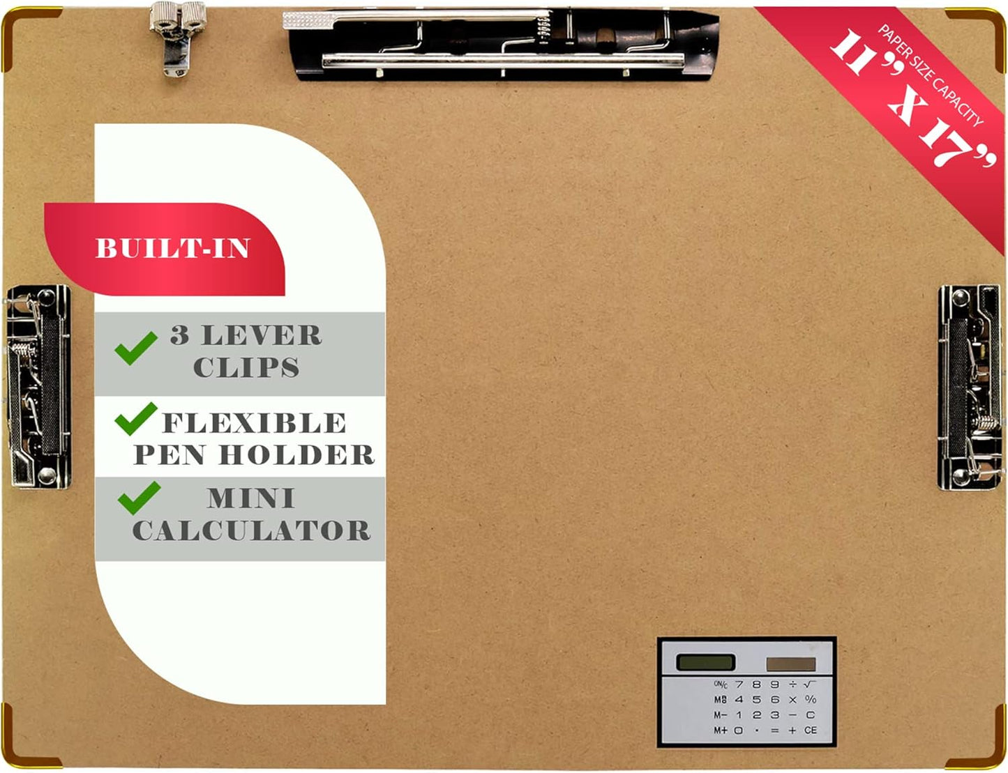Performore 11x17 Hardboard Clipboard – Engineered Wood Drafting Boards with 3 Lever Clips & Built-in Calculator, Portrait Format Writing Surface for Architects, Engineers, and Classrooms (1 Pack)