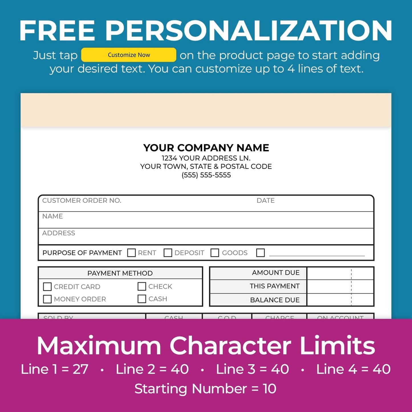 Custom 5.5" x 8.5" Carbonless NCR Books in 3-Part Triplicate Invoices, Receipts, Work Orders, Sales Orders, Purchase Orders, Estimates, Quote Forms with Your Company/Business Name (66 Sets)