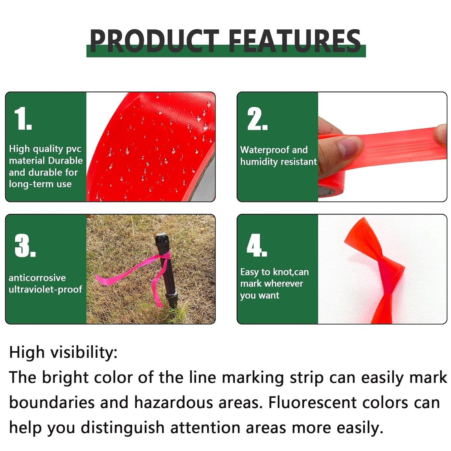 6 Pack Dark Green Flagging Tape, Non-Adhesive Plastic Ribbon Neon Marking Roll, 1"*600ft, Marking Tape for Tree Marking, Hunting, Boundaries and Hazardous Areas,Trail Marking