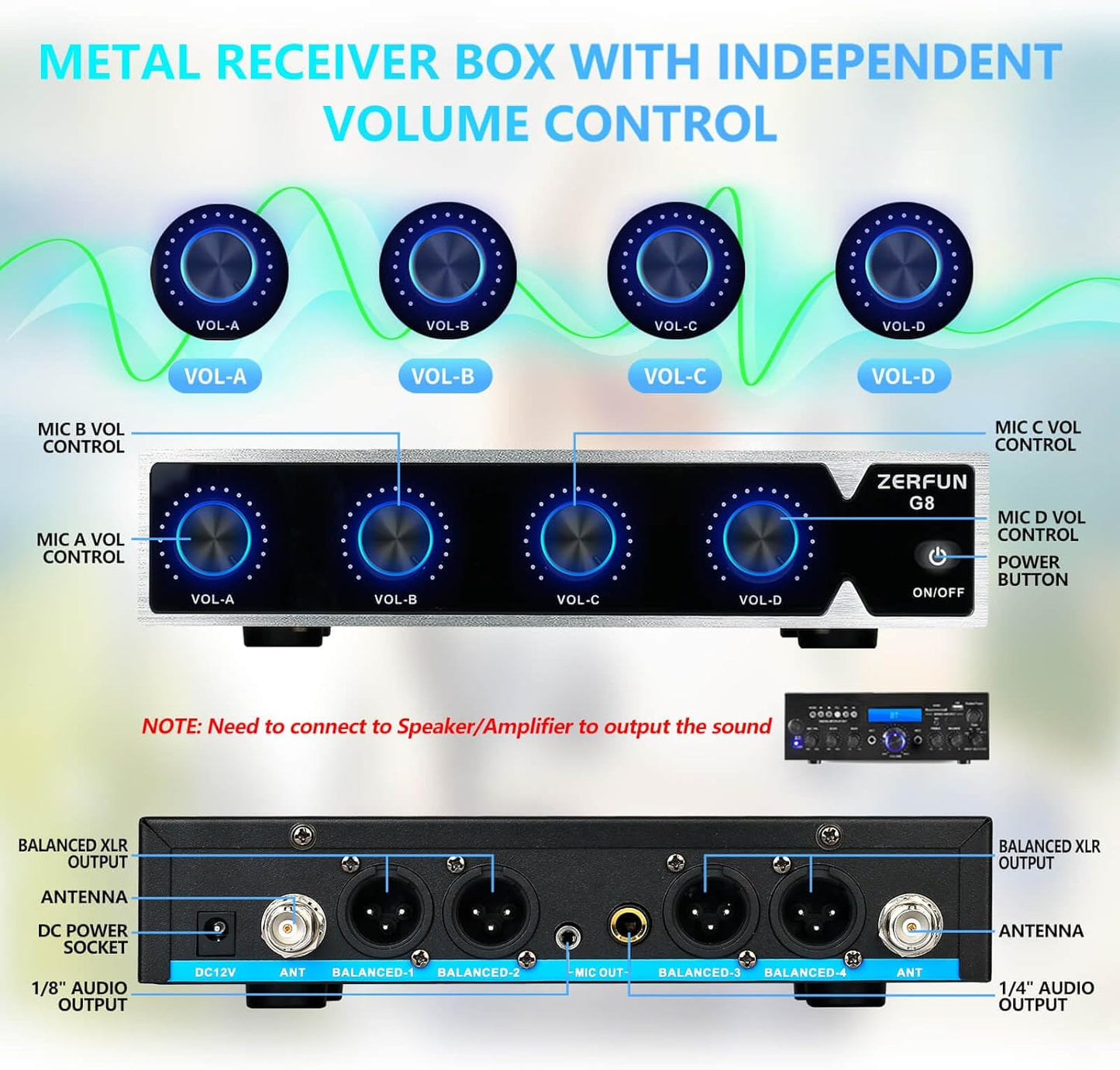 Rechargeable Wireless Microphone System 4 Channel Pro, UHF Metal Headset Lavalier Lapel Mics Cordless for Church Karaoke Singing with Volume Control, 4x50 Frequency(G8)