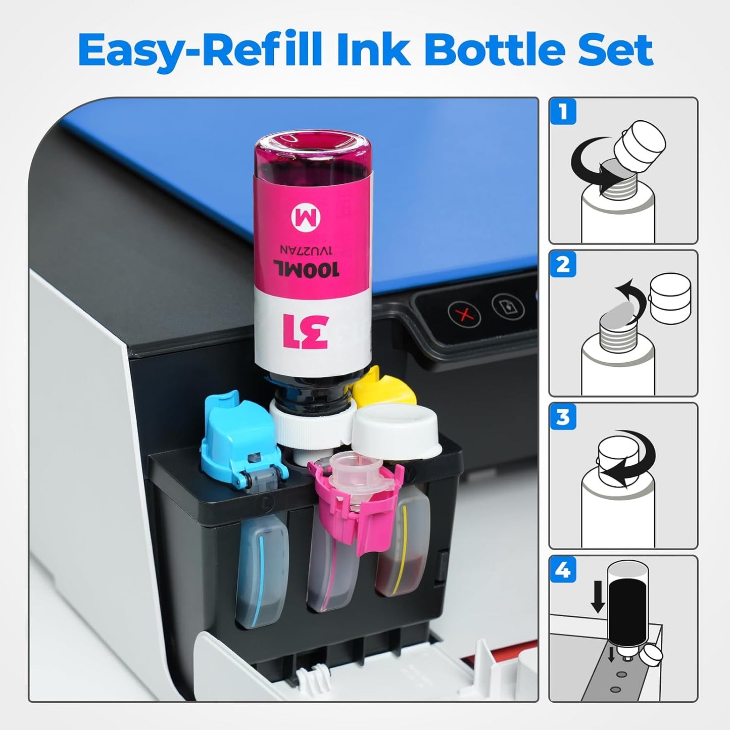 31 Ink Bottle Set, 32XL Black Ink Bottle Set Compatible with HP Smart Tank Ink 7602 5101 651 6001 5000 5103 7301 7001 7302 Printers, 31 32XL Black Ink for Smart Tank 551 5102 7002 7006, 8Pack
