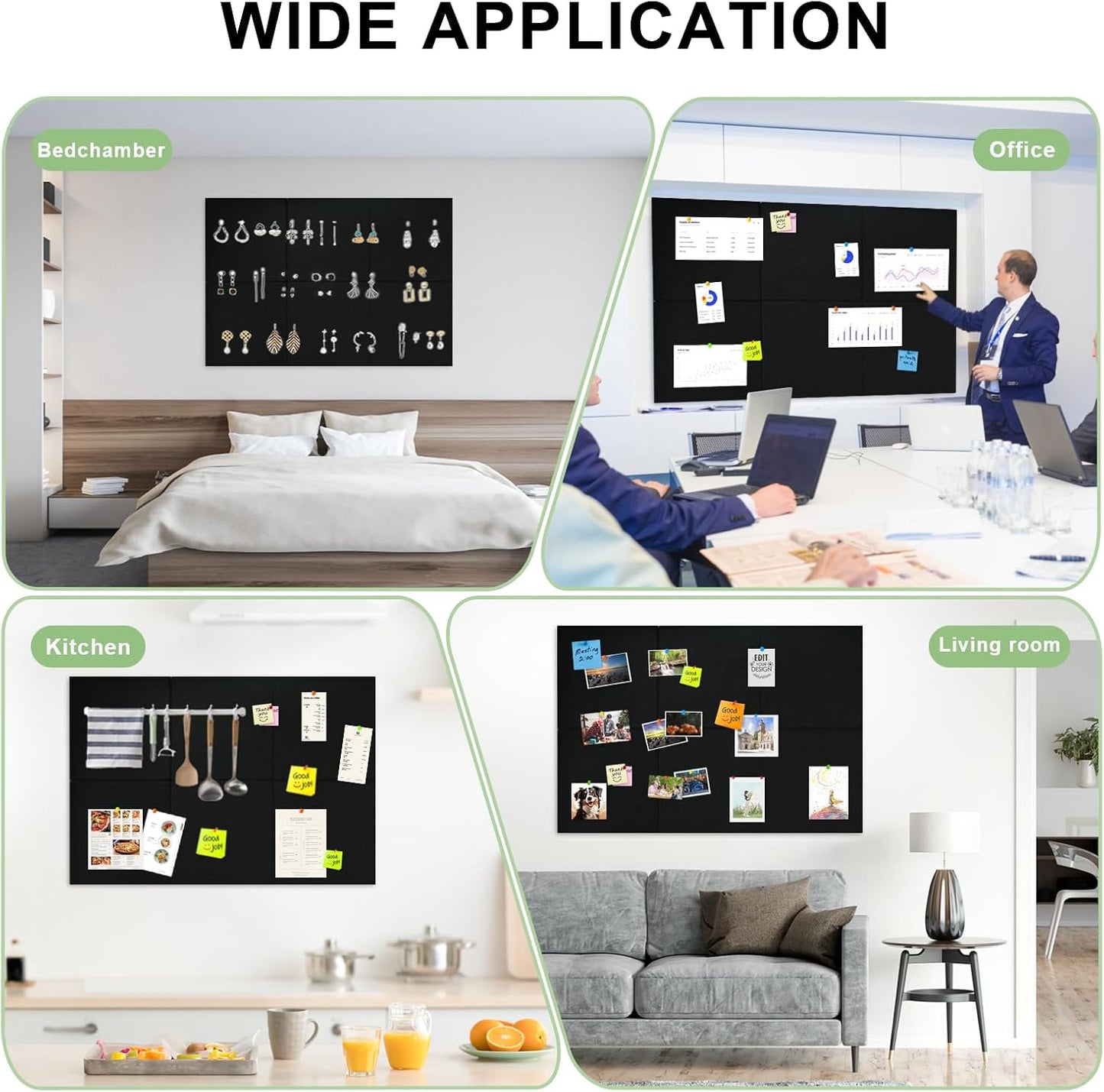 Large Cork Board for Wall 6 Pack, Bulletin Board 36" X 24", Felt Board Wall Tiles with 72 Damage-Free Removable Pads & Push Pins, Alternative Pin Board Cork Board for Office Home, Black
