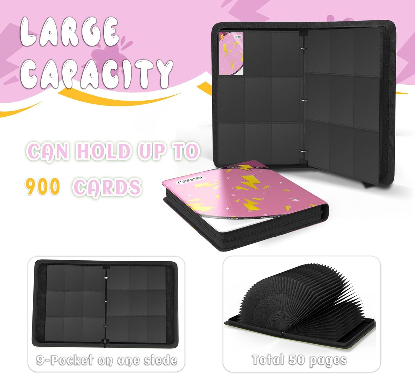 Trading Card Binder 9 Pocket，Card Binder 900 Pockets Card Book Holder Cards with 50 Removable Sleeves，3-Ring Zip Design MTG/TCG/Sport Collectible Trading Card Albums Gifts for Boys and Girls (Pink)