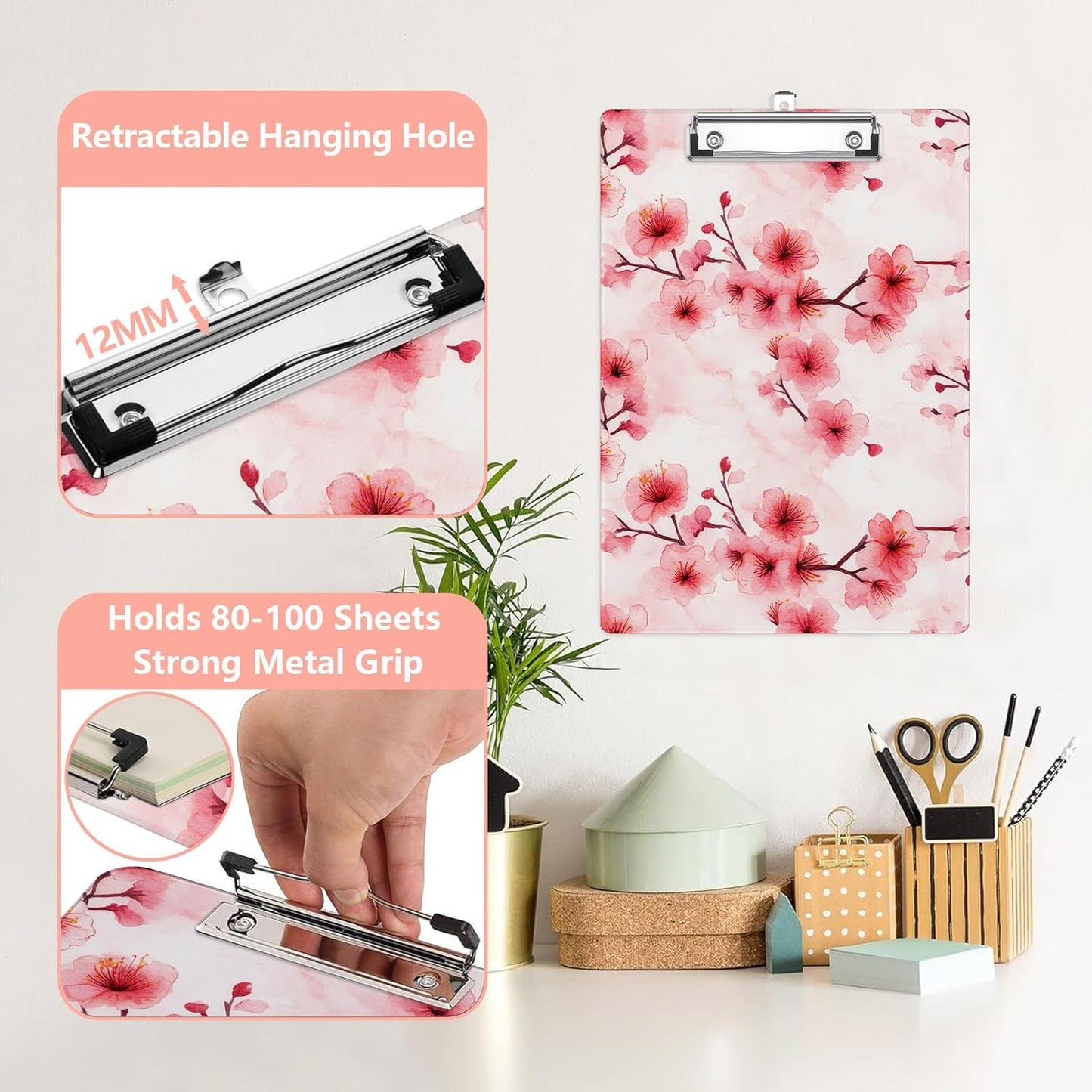 Pink Cherry Blossom Plastic Clipboards,Cute Fashion Clipboard Decorative 8.5" x 12.5"Standard A4 Size Clipboards,Acrylic Clipboard for Teacher,Social Worker,Students,Nurse,Office Supplies