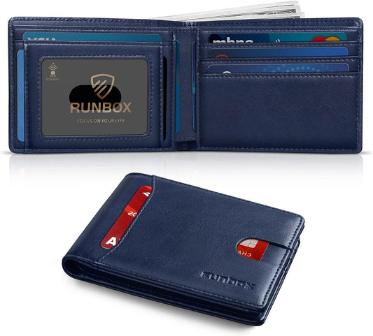 RUNBOX Novelty Wallet for Men Slim 11 Credit Card Holder Slots Leather RFID Blocking Small Thin Men's Wallet Bifold Minimalist Front Pocket Large Capacity Gift Box