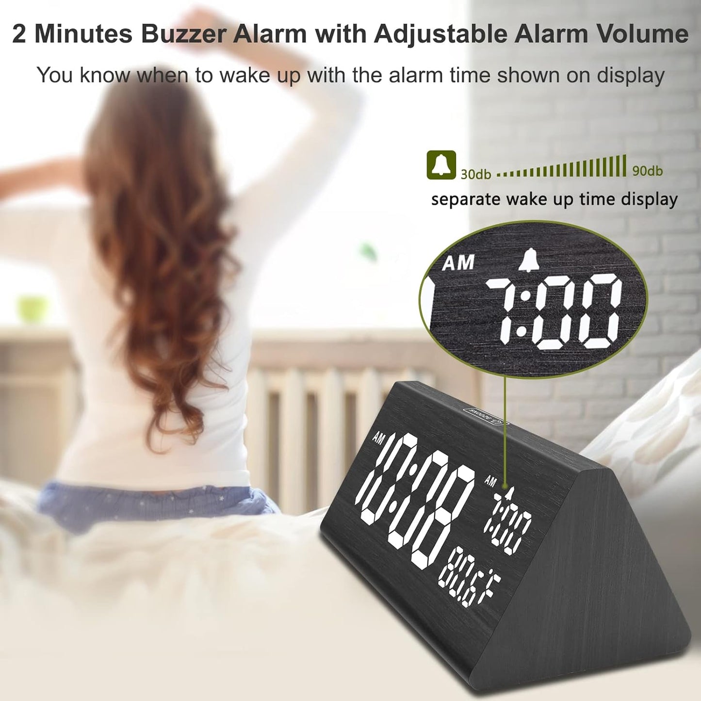 DreamSky Wooden Digital Alarm Clock for Bedroom - 7.7" Electric Clocks with USB Port, Large Numbers, Temperature, 0-100% Brightness Dimmer, Adjustable Alarm Volume, Snooze, 12/24H