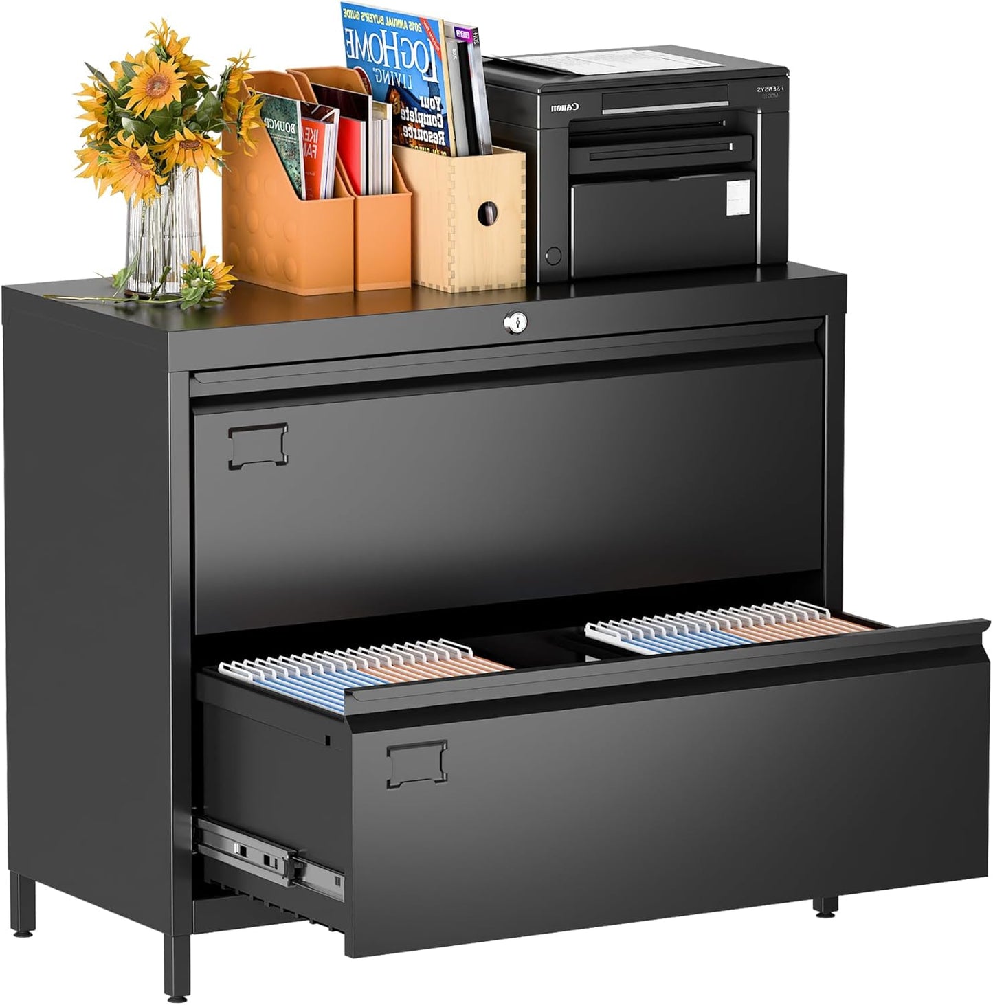 Metal 2 Drawer Lateral File Cabinet with Lock & Adjustable Feet - Wide Filing Cabinet for Letter/Legal/F4/A4 Hanging Files - Includes Business Card Holder,Home Office School Storage,Black