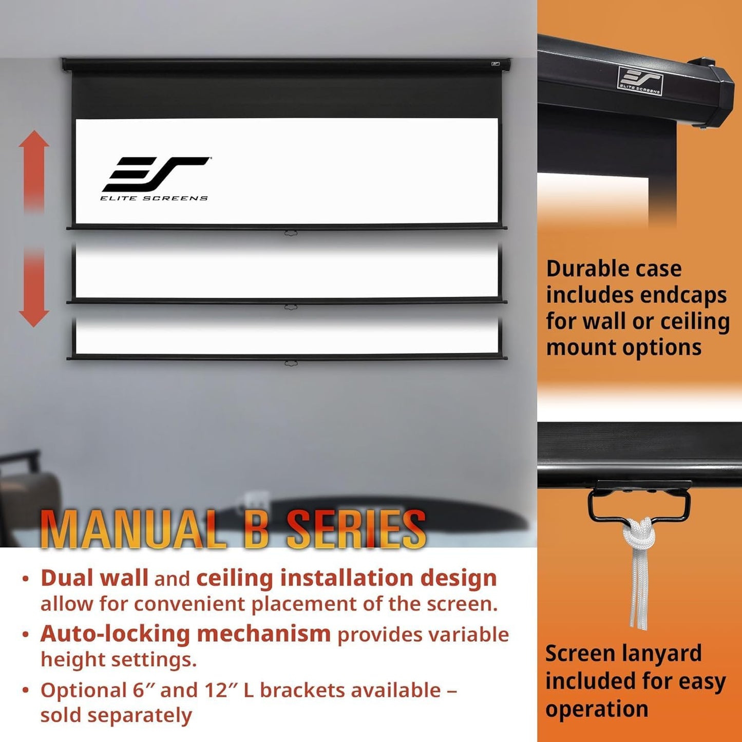 Elite Screens Manual B, 120-INCH, 16:10 aspect ratio, Manual Pull Down Projector Screen 4K / 8K Ultra HDR 3D Ready with Auto-Lock Mechanism, 2-YEAR WARRANTY, M120X