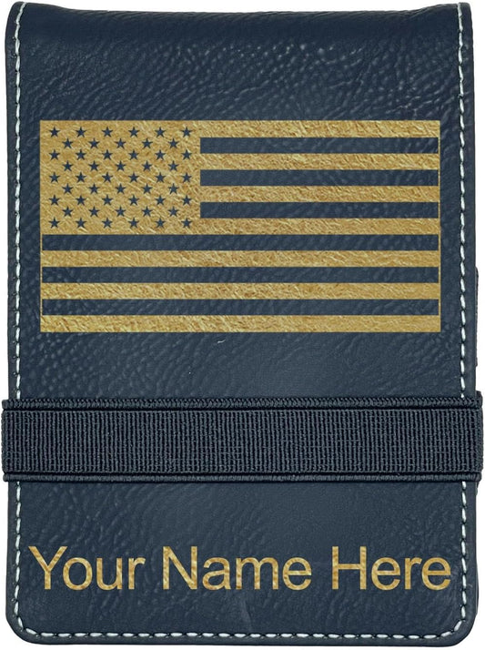 LaserGram Mini Padfolio with Notepad and Pen, Flag of The United States, Personalized Engraving Included (Black with Gold)