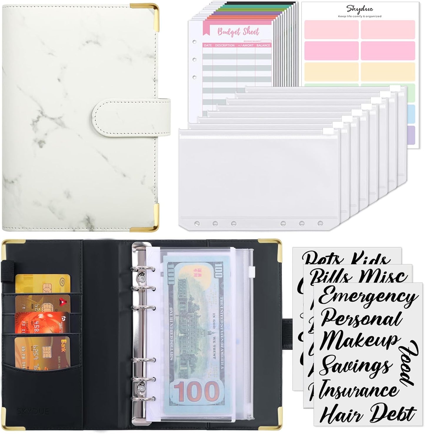 SKYDUE Budget Binder, Money Saving Binder with Zipper Envelopes, Cash Envelopes and Expense Budget Sheets for Budgeting (White/Black)
