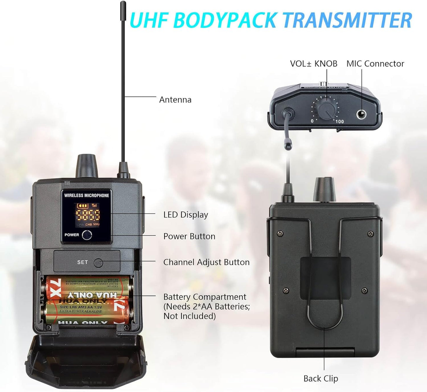 Pro Wireless Microphone System 4 Channel, UHF Metal Cordless Handheld Headset Lavalier Lapel Mics for Church Karaoke Singing, 4x50 Adjustable Frequency(G8 Battery 2 Handheld 2 Bodypack)