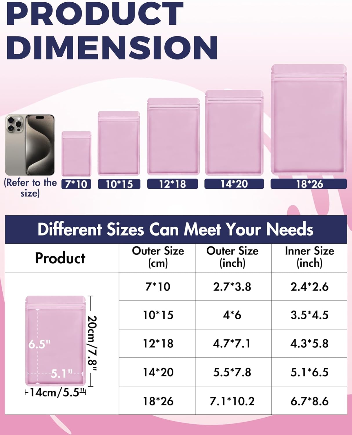 FireKylin 100 Pack Resealable Packaging Bags for Small Business Double-Sided Color Smell Proof Bags for Food Storage Flat Bags (Pink, 5.5" x 7.8")
