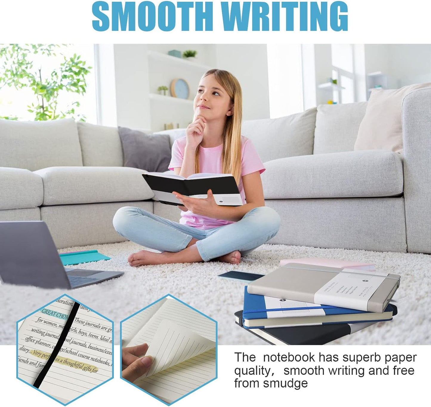 Lined Journal Notebook, 6Pack(Black), 160 Pages, Medium 5.7 inches x 8 inches - 100 gsm Thick Paper, Hardcover