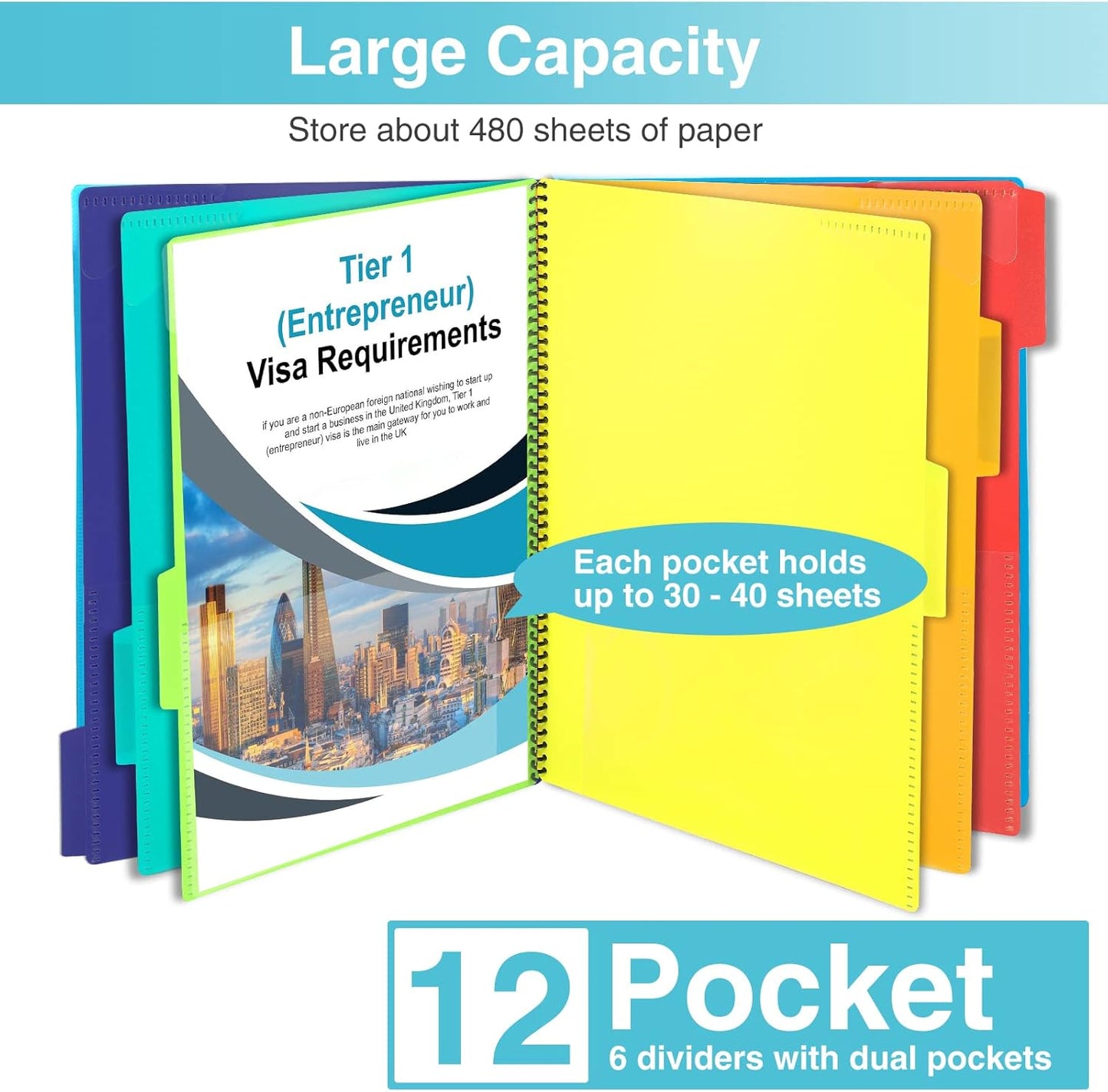 12 Pocket Project Organizer, Forvencer 1/6-cut Tab Binder Organizer with Sticky Labels, Multi Pocket Folder with Zipper Pouch, Folder Binder Spiral Pocket Notebook, Office Supplies, Letter Size, Blue