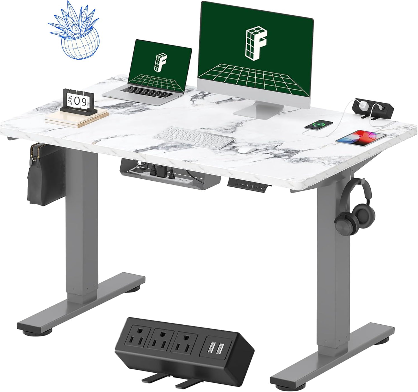FLEXISPOT EN2 Whole-Piece Standing Desk with Clamp Power Strip, 48 x 30 Electric Stand Up Height Adjustable Desk with Cable Management (Gray Frame + 48" Marble Gray, 2 Packages)