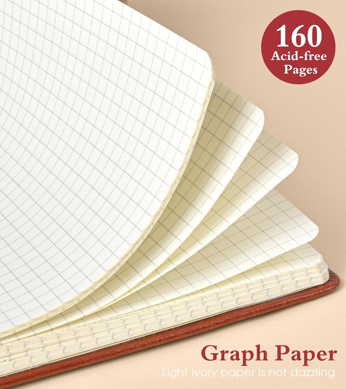 Graph Notebook for Women Men, 160 Pages Grid Paper, Graphing Notebooks for School, Work, Quad Ruled, Inner Pocket, A5 Hardcover Vintage Leather Journals for Writing, 5.8"x8.5" (Brown)