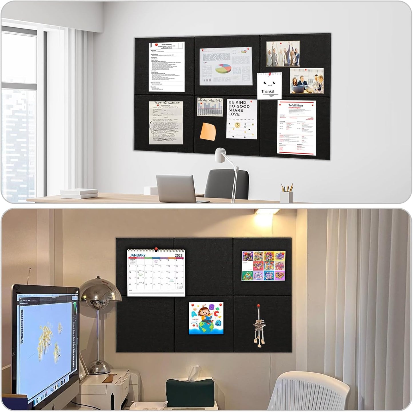 Large Cork Board for Wall 36" x 24", Black Bulletin Board, 6 Pack Felt Wall Tiles with Pushpins, Cork Boards for Office Push Pin Board Tack Board Felt Board, Black