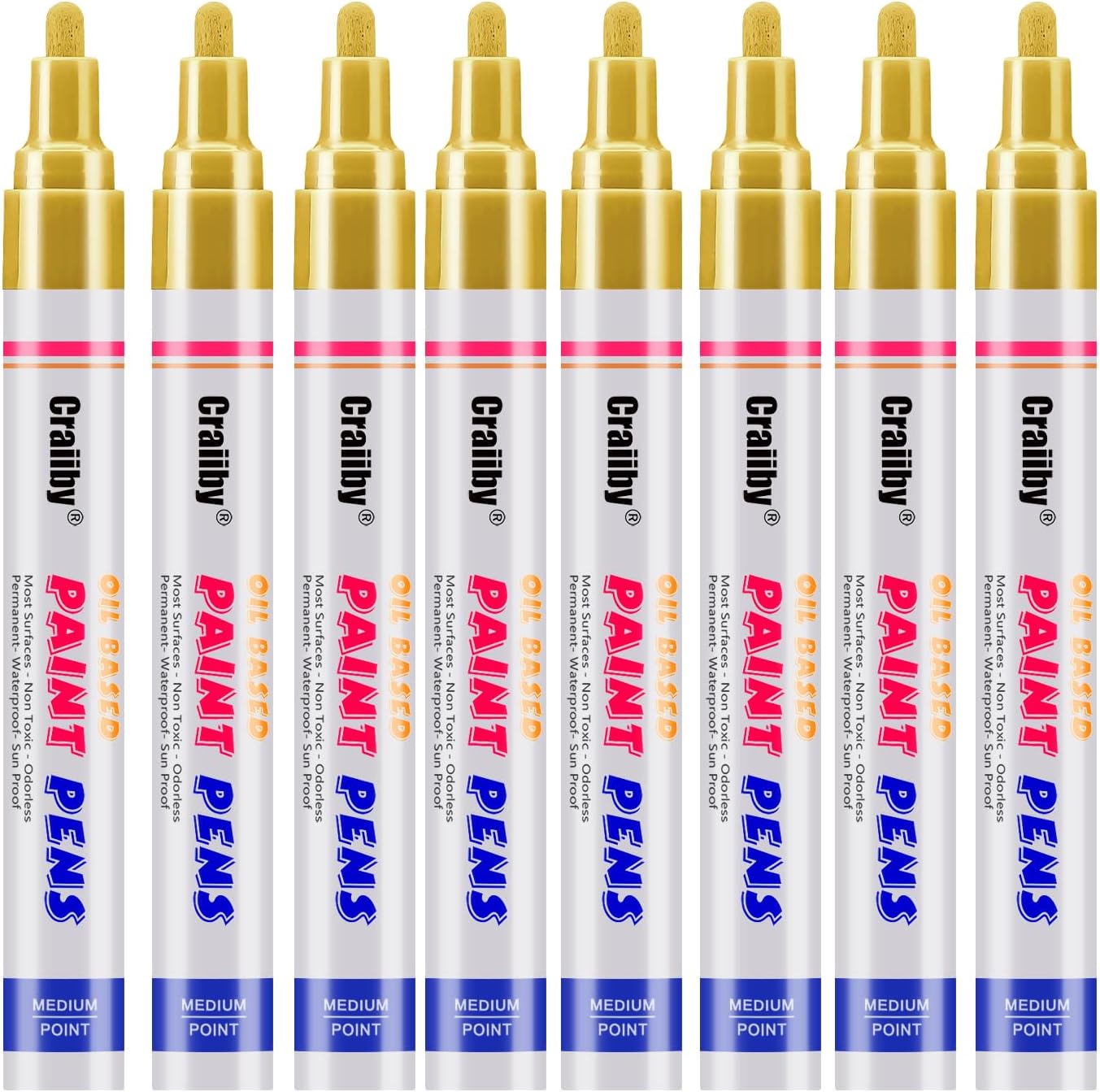 Gold Paint Markers, 8 Pack Oil-Based Waterproof Quick Dry Permanent Paint Pen Set for Rocks Painting, Wood, Fabric, Plastic, Canvas, Glass, Mugs, Metal, Tire, Stone, DIY Craft, Copper