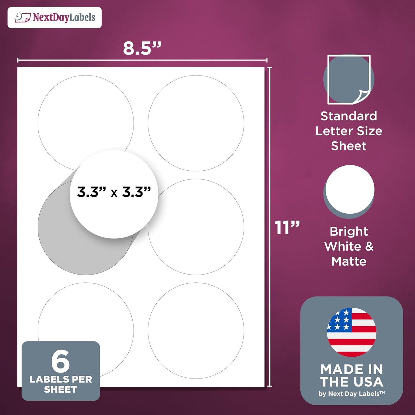 NextDayLabels - 3.33 Inch Round Stickers for Printer - Matte White Blank Laser/Inkjet Printable Circles (250 Sheets, 6 Per Sheet, 1500 Labels)
