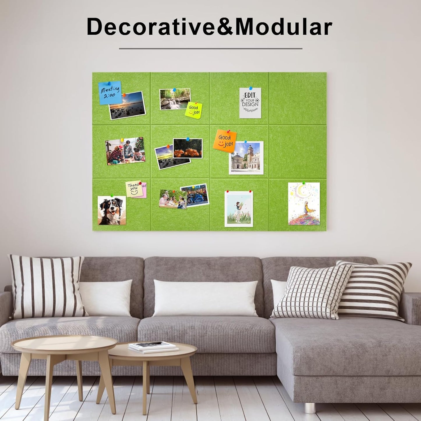 Large Cork Board for Wall 12 Pack, Bulletin Board 48" X 36", Felt Board Wall Tiles with 72 Damage-Free Removable Pads & Push Pins, Alternative Pin Board Cork Board for Office Home, Green