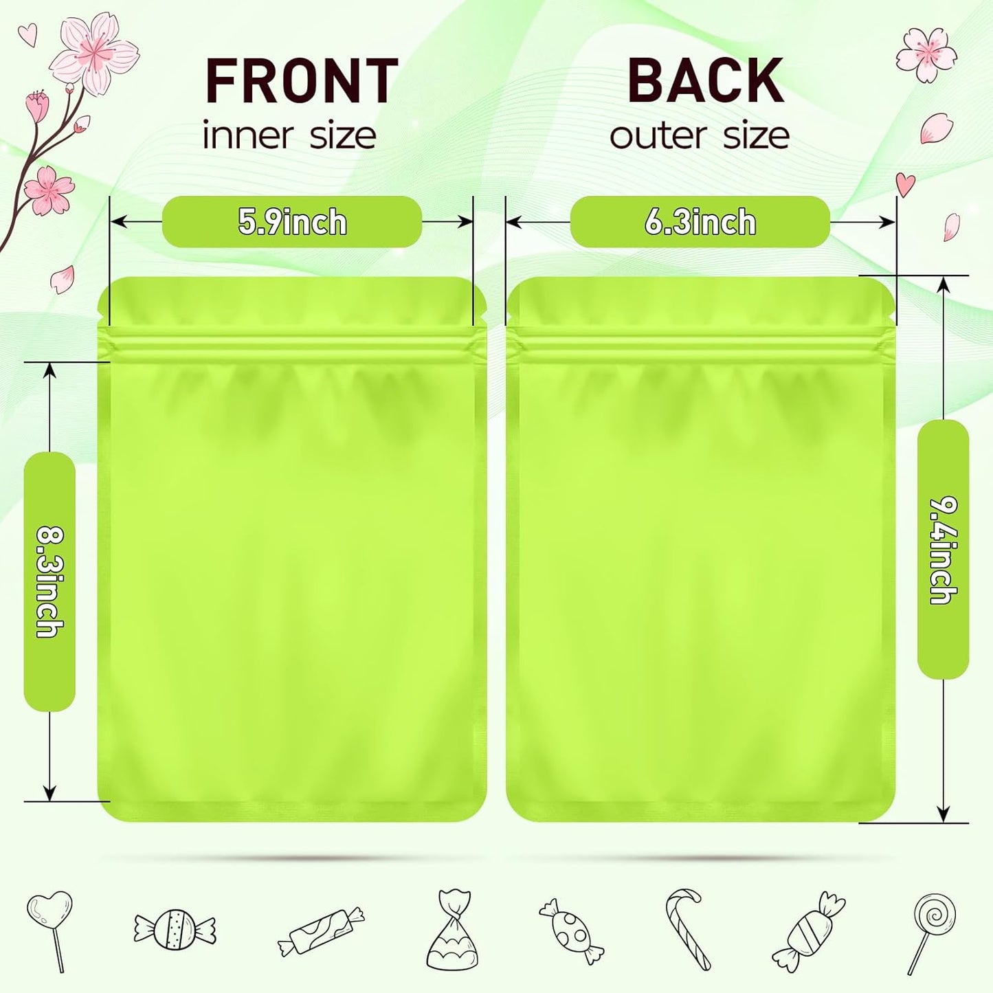 Funfery 100 Pack Green Mylar Packaging Bags Resealable Bags Double Sided Color Odor Proof Pouch Baggies Smell Proof Foil Bag for Food Storage,Small Business(Green,6.3x9.4inch)