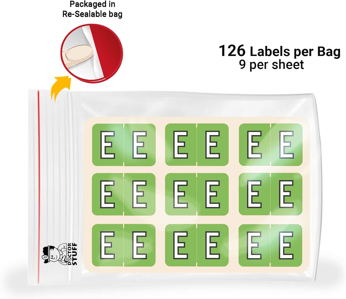 Doctor Stuff - File Folder Labels, Alphabet Letter E, Barkley/Sycom FABKM - BRAM Series Compatible Alpha Stickers, Green, 1" x 1-1/2", 126 Labels/Package