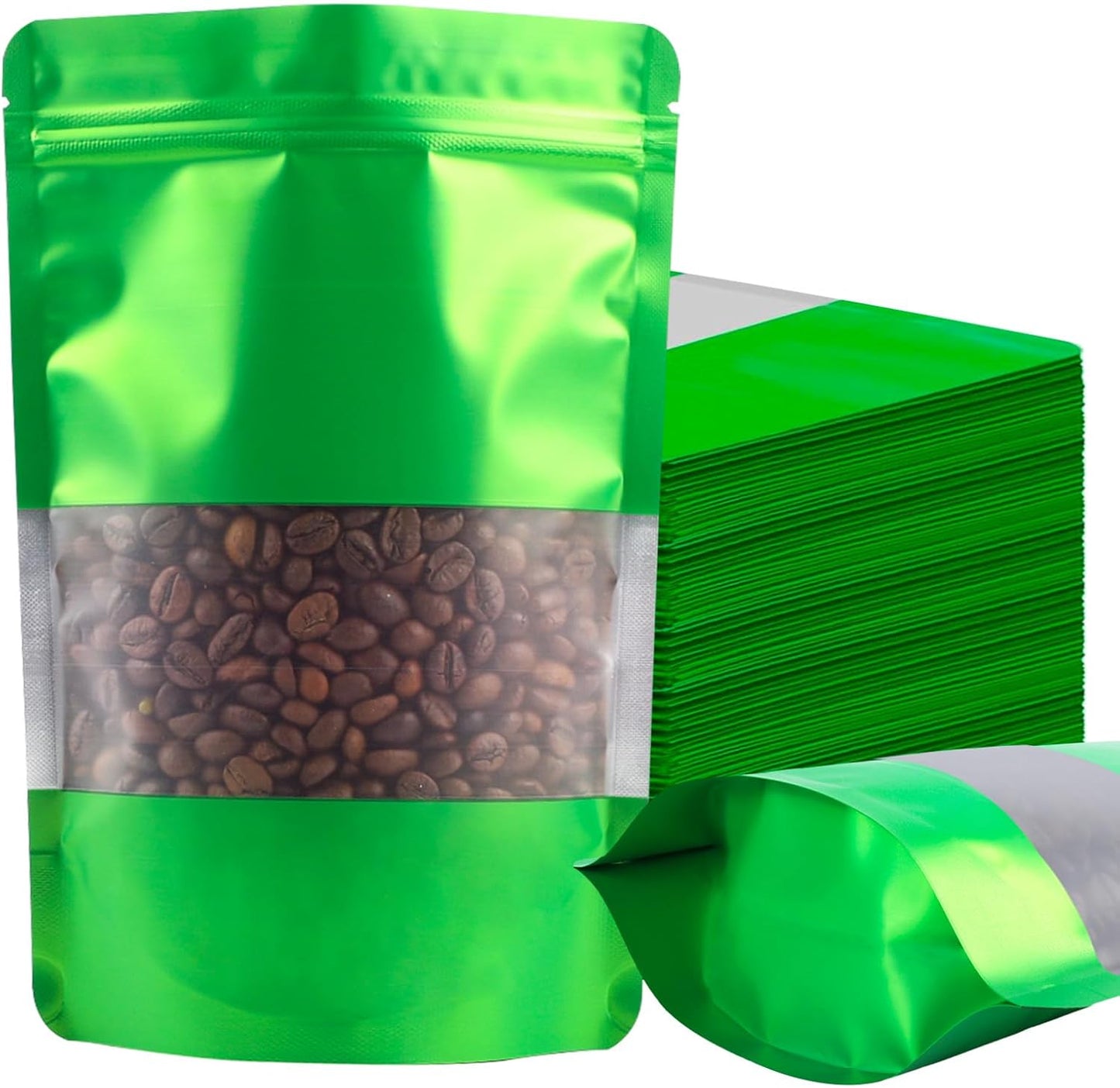 100 Pack Smell Proof Bags, Resealable Green Mylar Bags with Matte Window, Foil Pouch Stand Up Sealable Bags for Packaging, 5.51 × 7.87 Inch