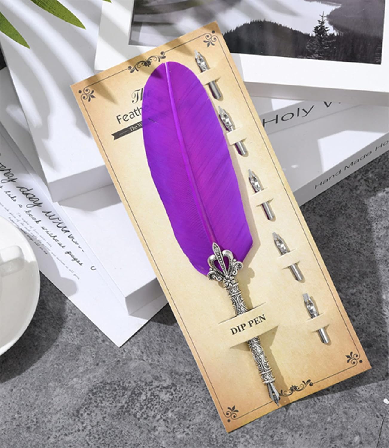 Gullor Feather Quill Pen and 5 Calligraphy Nibs for Beginners Kids Calligraphy Writing Quill Dip Pen Set, LightPurple