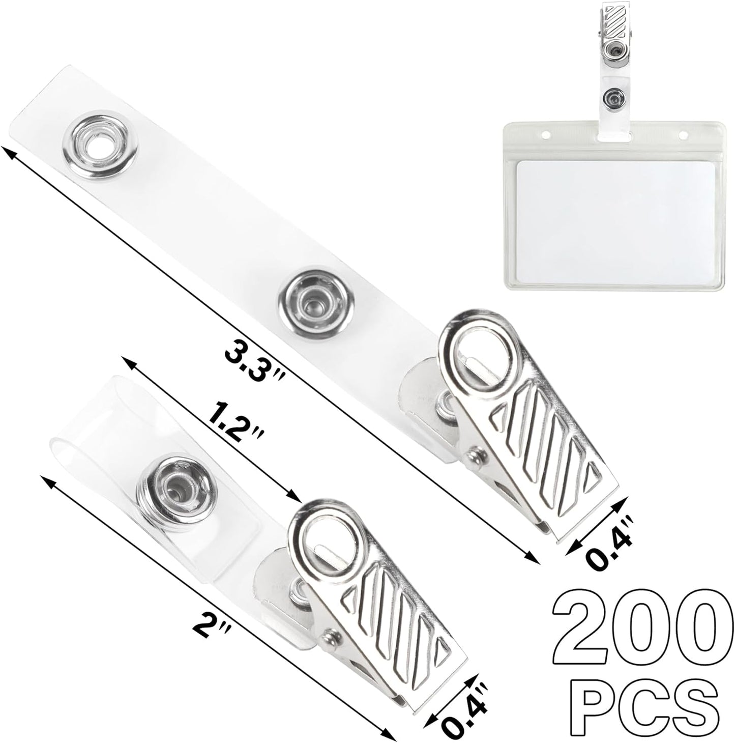 Happy Trees 200 Pcs Metal Badge Clips with Clear PVC Straps, ID Holder Clip for Badge Holders, Name Tags, ID Cards, Work Badges