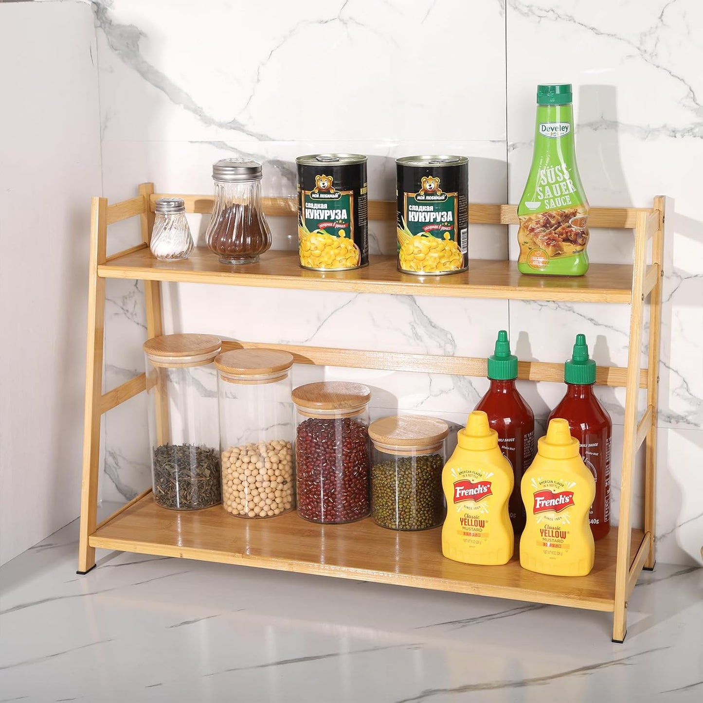 Countertop Organizer Bamboo Spice Rack 2-Tier Desktop Bookshelf Wooden Storage Stand for Kitchen, Office and Dorm, Desk Organizer for Books and Decor (Large)