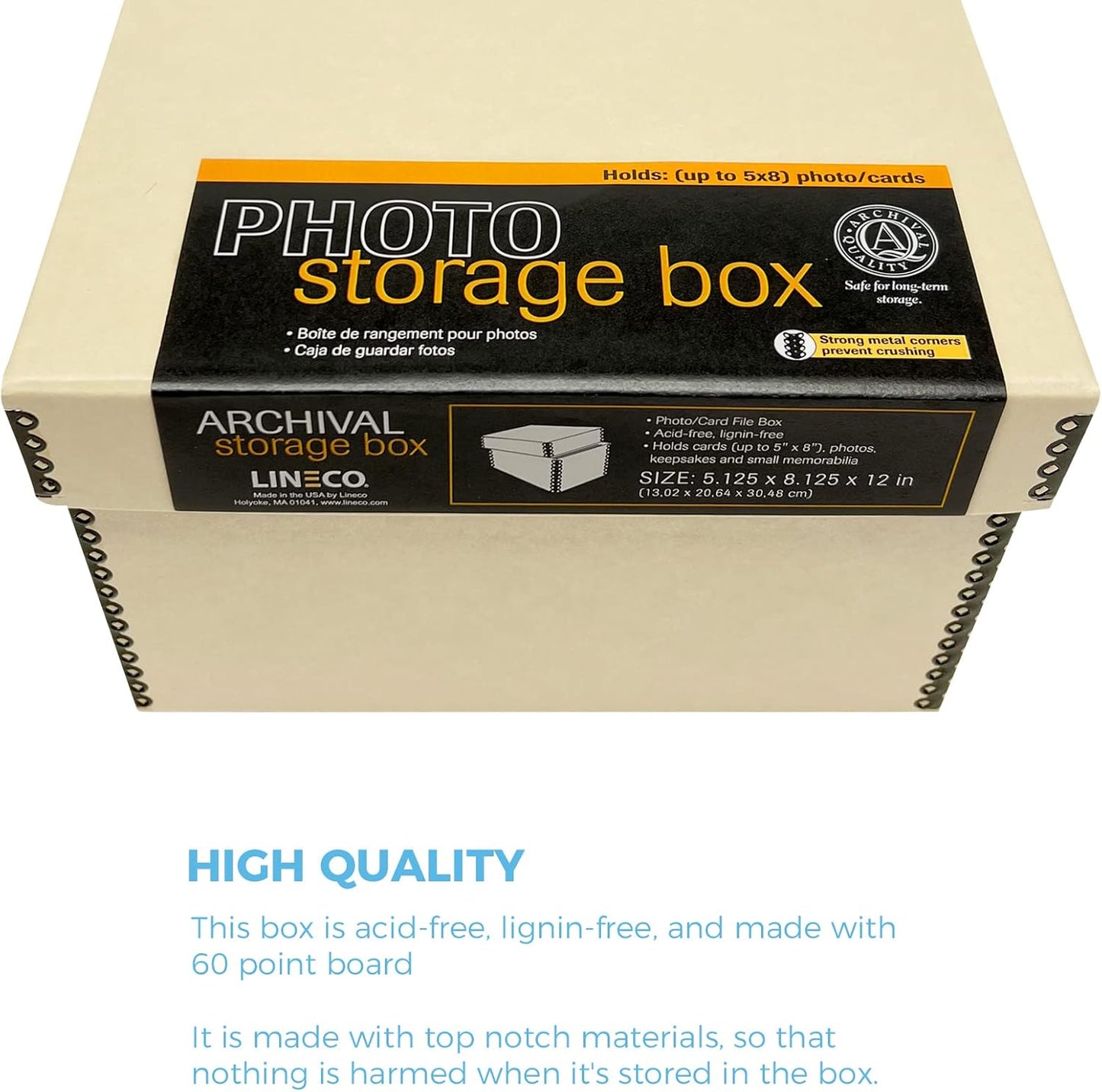 Lineco Photo Card Box, Museum-Quality Archival Storage, Acid-Free with Removable Lid, Bulk Storage for Negatives, Prints, Films, Photos, Snapshot, 5x8x12 Inches, Tan