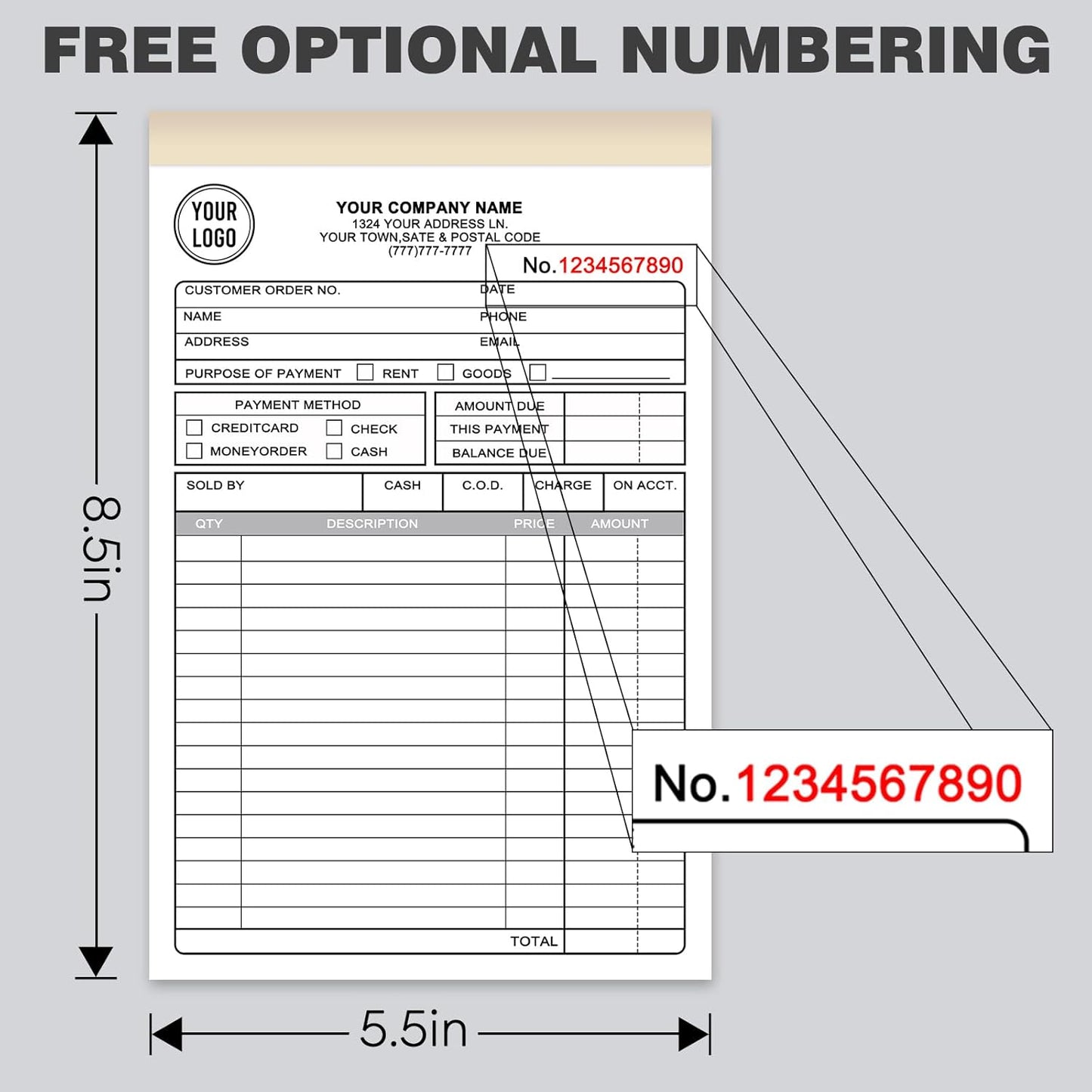 Custom Invoices Receipt Book for Small Business Personalized 2-Part Duplicate Carbonless Logo Receipt Books Sales Payment Forms with Company Name Address Phone Number 100 Sets5.5" x 8.5"