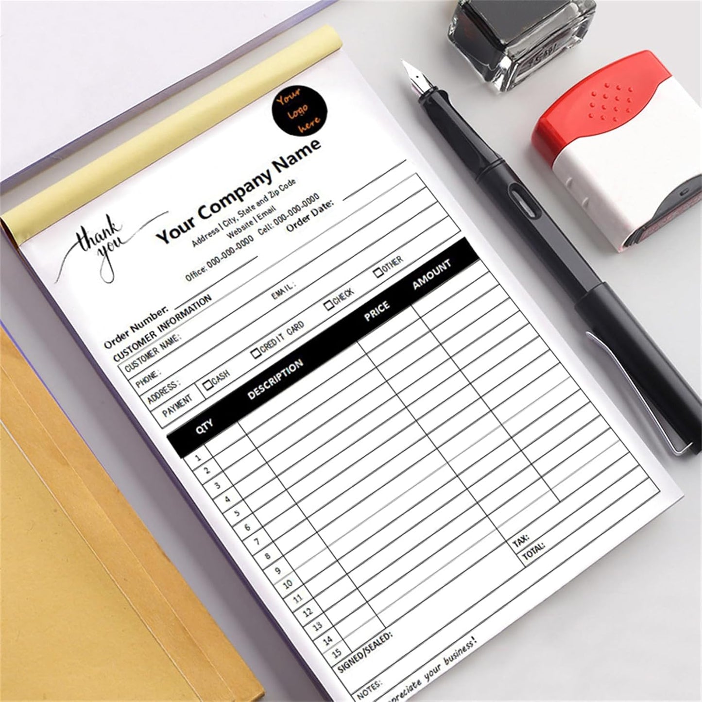 Custom Invoice Book in 3-Part /2-Part Receipt Book with Carbon Copies Personalized Carbonless Service Invoice Form Books Sales Order Book with Company Name Logo Address,C2-Thank You Receipt