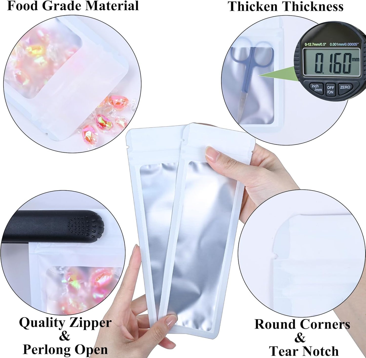 Resealable Mylar Pouch Bag Great for Office Home Party Favor Food Storage (100PCS, White Color, 2.7 x 9 inch)
